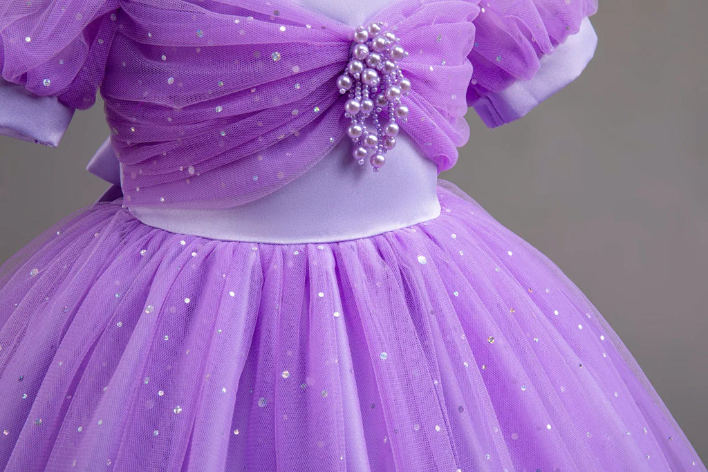 HETISO Pearls Bowknot Kids Girls Dresses Summer Tulle Vintage Elegant Princess Party Gown Children's Gift