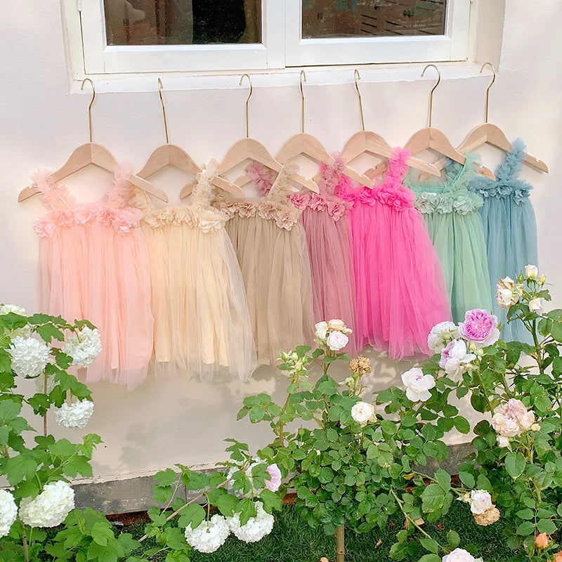Kids Sweet Mesh Dress 1-6T Summer Children Mesh Tulle Princess Slip Tutu Dresses Girls 6 Colors 3D Flower Mermaid Birthday Dress
