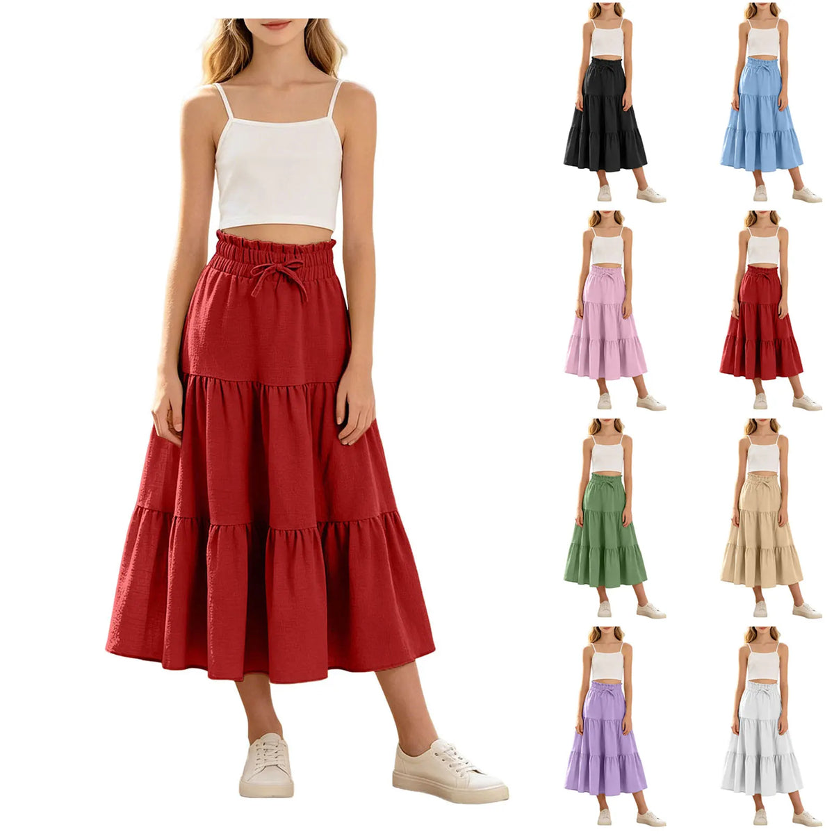 Kids Girls Boho Pleated Long Skirt Summer Solid Elastic Waist Lightweight Large Swing Skirt Casual Beach Holiday Vacation