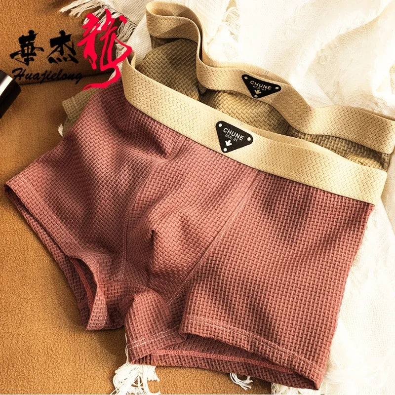 Summer Boxers Men'S Underwear Smooth Ice Silk Plaid Solid Panties Large Size Soft Breathable U Crotch High Elastic Underpants