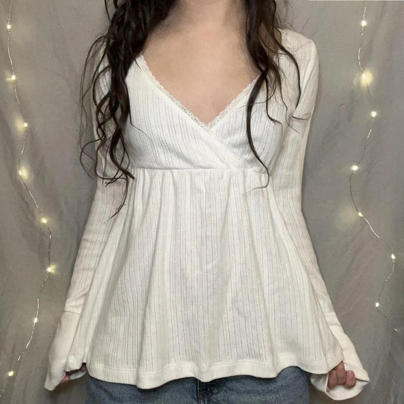Women Fairy Y2k Cottage T-shirt Coquette V Neck Long Sleeve Babydoll Tees Autumn Spring Casual Pullovers Tops Vintage Clothes