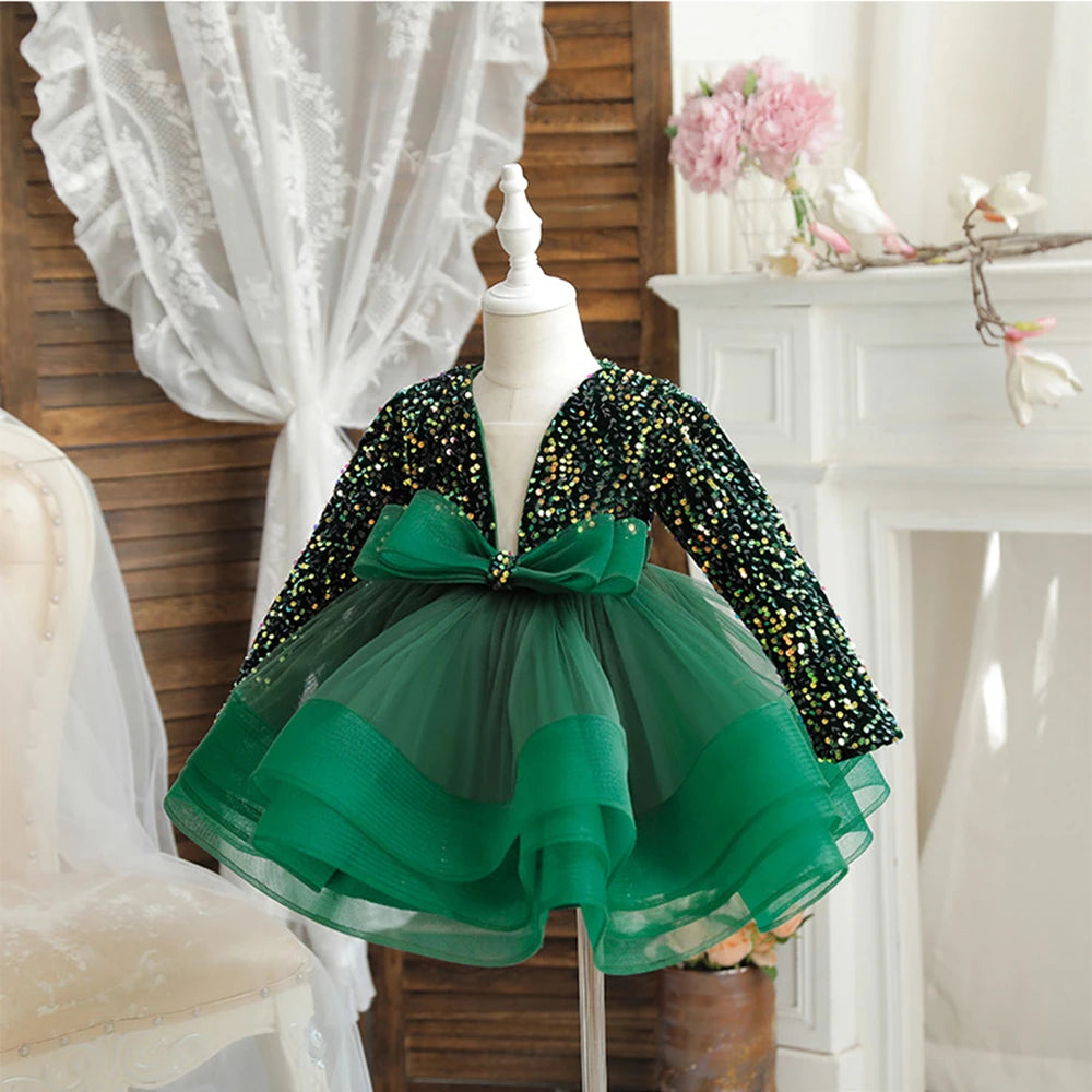 HETISO Girls Party Dresses Long Sleeve V-Neck Kid's Children Elegant Dress for Girl Sequined Tutu Wedding Ball Gowns 4 6 8 10Y