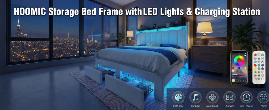 HOOMIC Bed Frame, 2 Storage Drawers/2-Tier Shelves with LED Lights & Charging Station, No Box Spring Need, Full/Queen/King