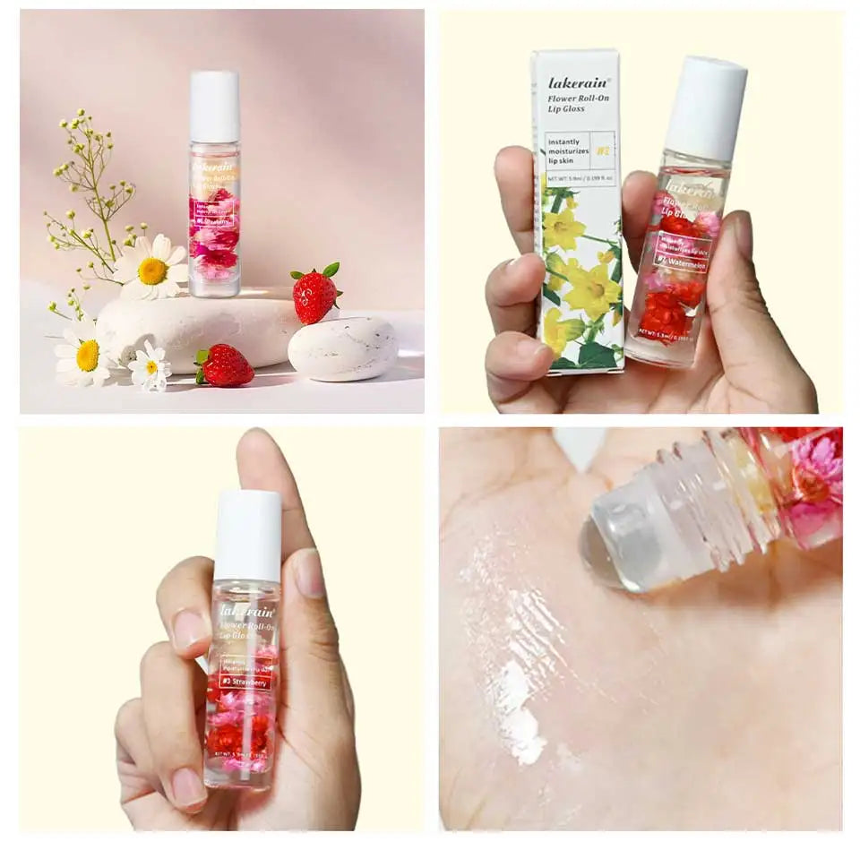 Lakerain Flower Roll-On Lip Gloss Fruit Flavor Sweet Taste Soften Lip Skin Long Lasting Gloss Deep Moisturizing Bright Gloss
