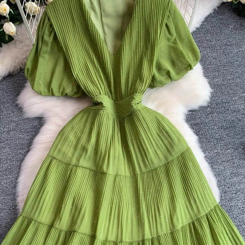 Summer Polka Dot Woman Elegant Dress Fashion V Neck Puff Sleeve Vestidos Korean A-Line Pleated Dresses 2026 Vestidos De Mujer