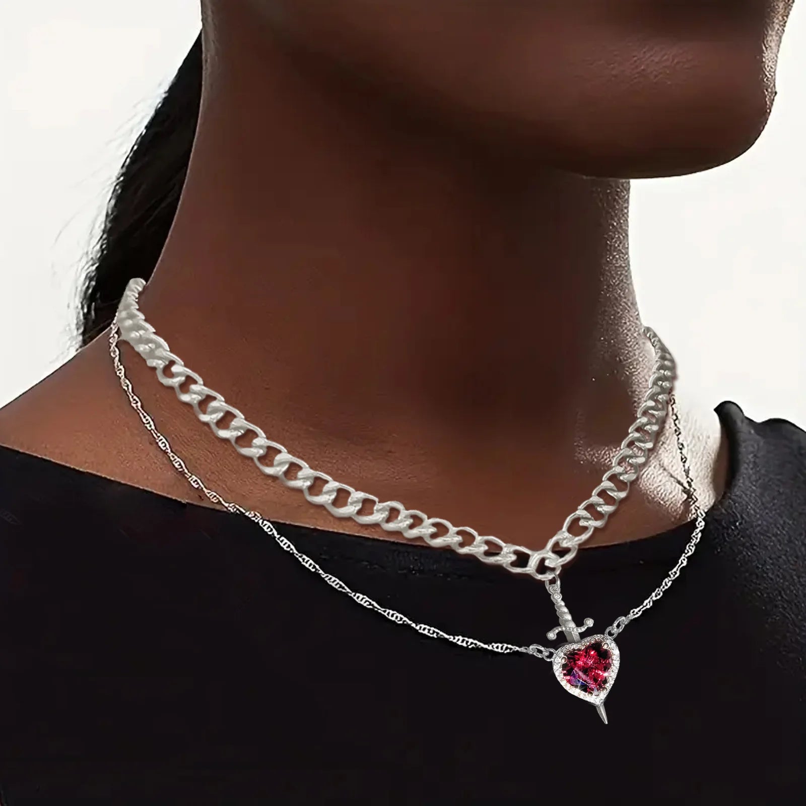 Heart and Sword Necklace Couple Necklaces Zircon Crystal Ring Bracelet Necklace Jewelry Set for Romantic Valentine's Day Gifts