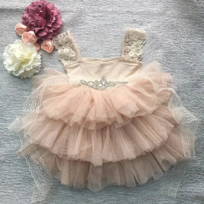 Flower Girl Lace Tulle Dress Elegant Princess Weddings Birthday Party Costumes for 3m To 7y Girls Baptism Festival Ball Gown