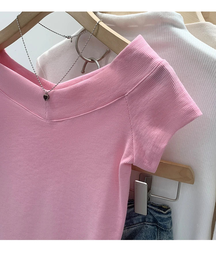 Pink Shoulder Bared Short Sleeve T Shirt Women's Summer New Style Ageless Lady Pure Desire Spicy Girl Top Simple Backless Design