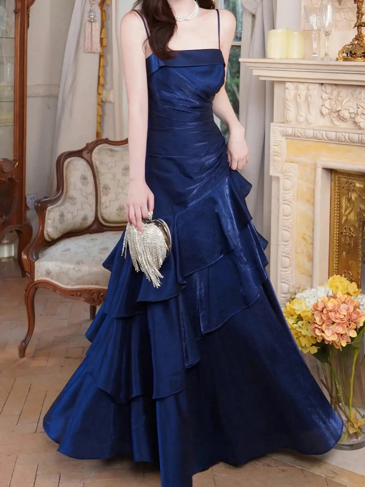 Women's Ruffles Elegant Romantic Spaghetti Straps Dresses Prom Gown Princess Graduation Party Sling DressFestival Formal Clothes