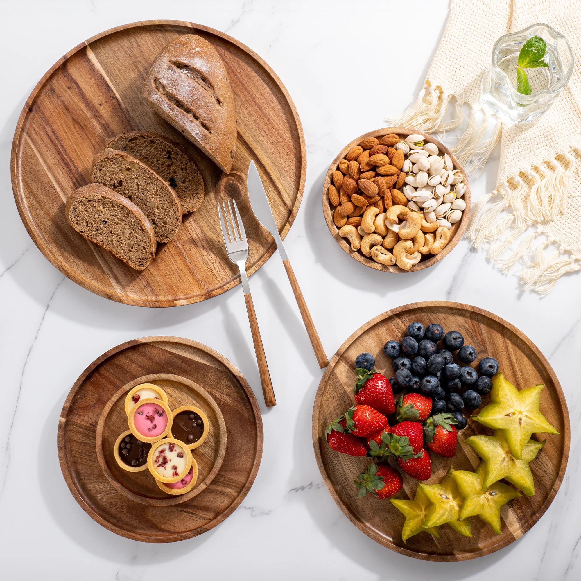 12.5/15/20/25/30cm Round Serving Platter Tray Acacia Wood Pizza Salad Plate Fruit Dessert Tray Bread Cake Container Snacks Dish