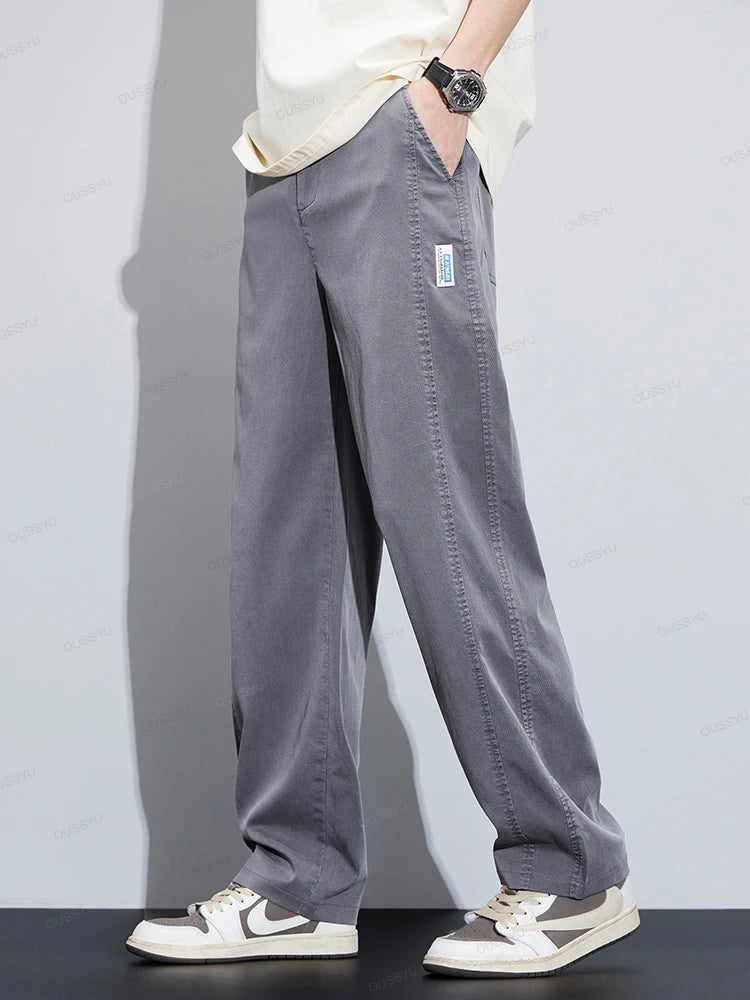 High Quality Summer Ultrathin Soft Lyocell Fabric Men'S Casual Pants Elastic Waist Breathe Loose Straight Trousers Plus Size 5Xl