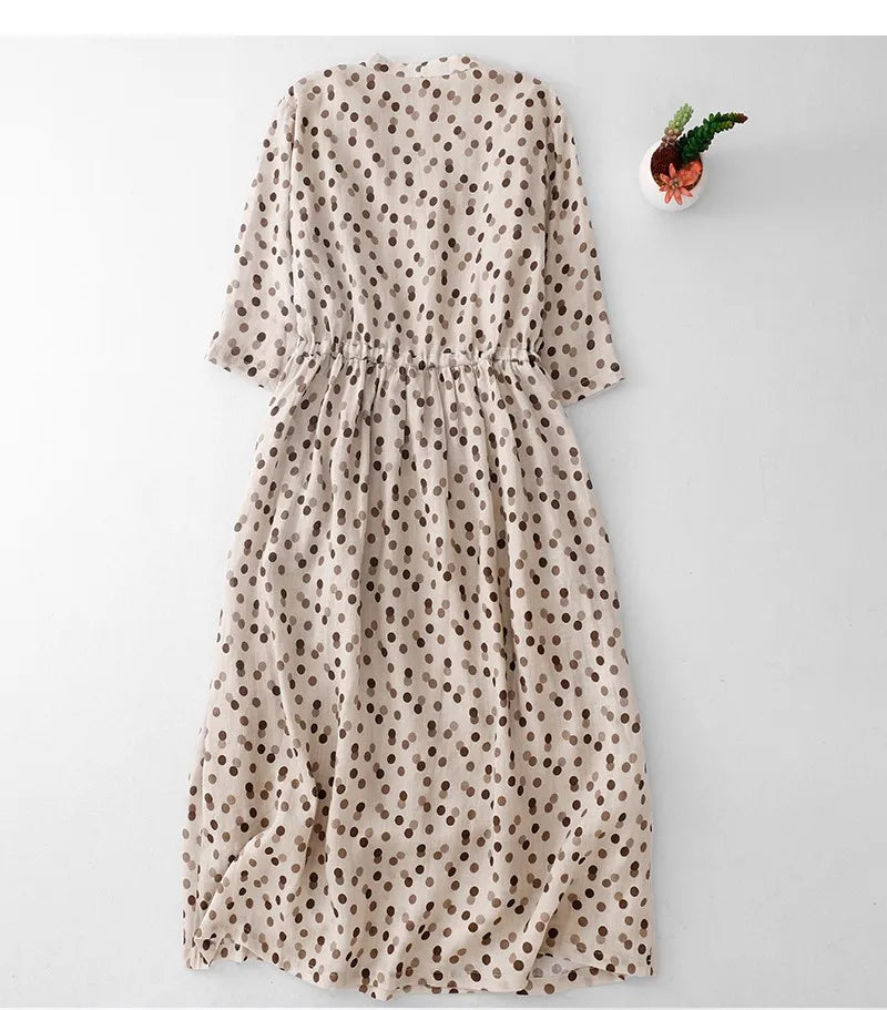 Elegant Large Size Slimming Women's Spring Summer New Hemp Polka Dot Print Artistic Temperament Dress Cotton Linen Material