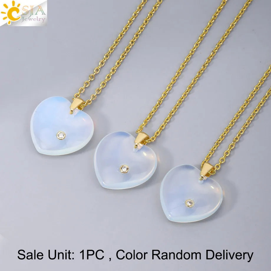 Csja Stainless Steel Heart Pendant Necklace With Natural Stone Amethyst Rose Quartz Crystal For Women DIY Jewelry Makers