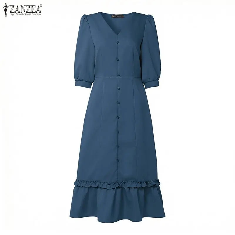 ZANZEA Women Elegant A-Line Midi Dress V-Neck 3/4 Puff Sleeve Cinched Waist Ruffled Hem Dresses Summer Casual Commute Robe Femme