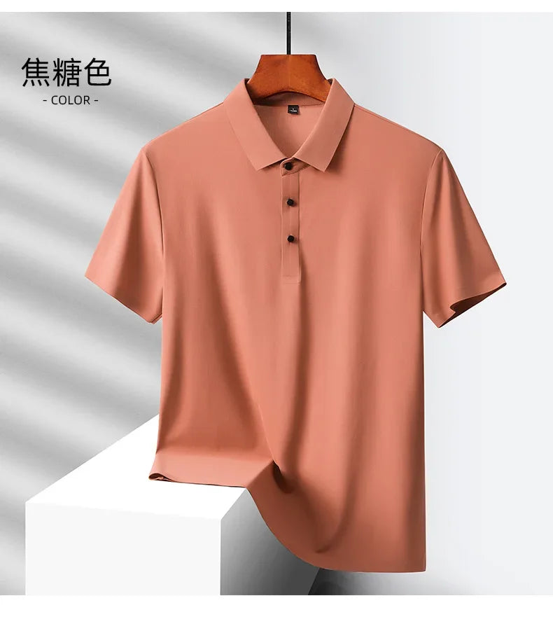 Summer Ice Silk Quick Drying Loose Polo Shirt Middle Aged Men's Solid Lapel Button Simple Versatile Casual Thin Short Sleeve Top