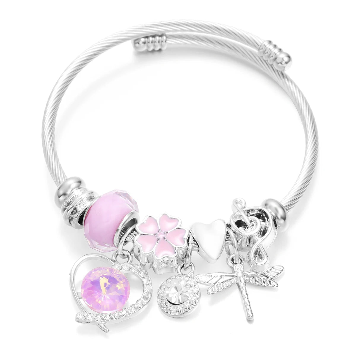 New Trendy Rhinestones Dragonfly Crystal Beaded Pendant Bracelet Stainless Steel 4 Colors Closure Bangles Women'S Bracelet Jewelry