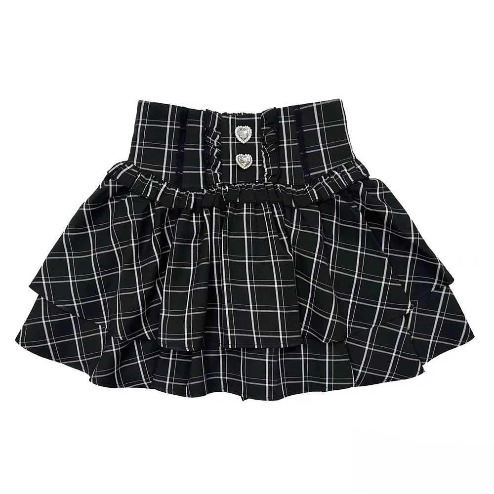 Japanese Cute Sweet Y2k Lolita Cake Skirt Women Hight Waist Rhinestone Plaid Ruffled Layered Skirts Kawaii A-Line Mini Skirts