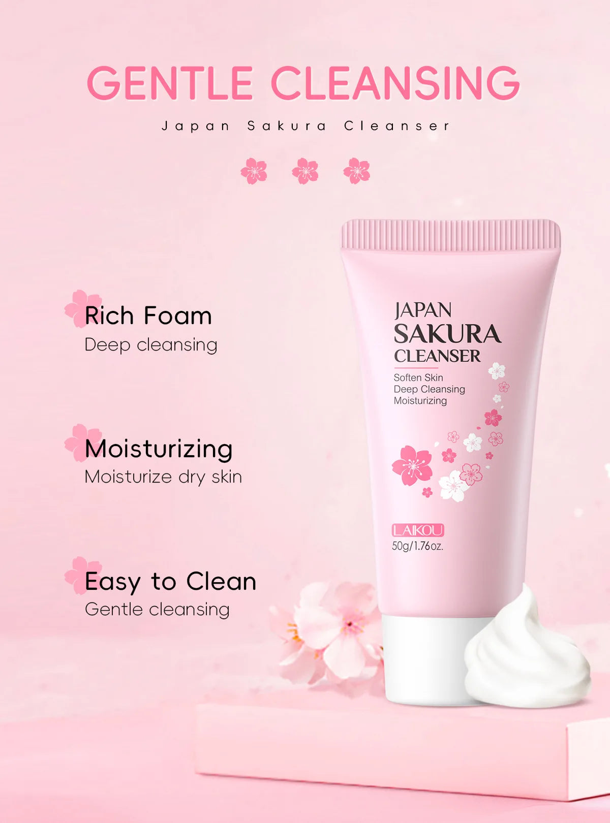 LAIKOU Sakura Facial Cleanser - 50g Gentle Deep Cleaning Face Wash