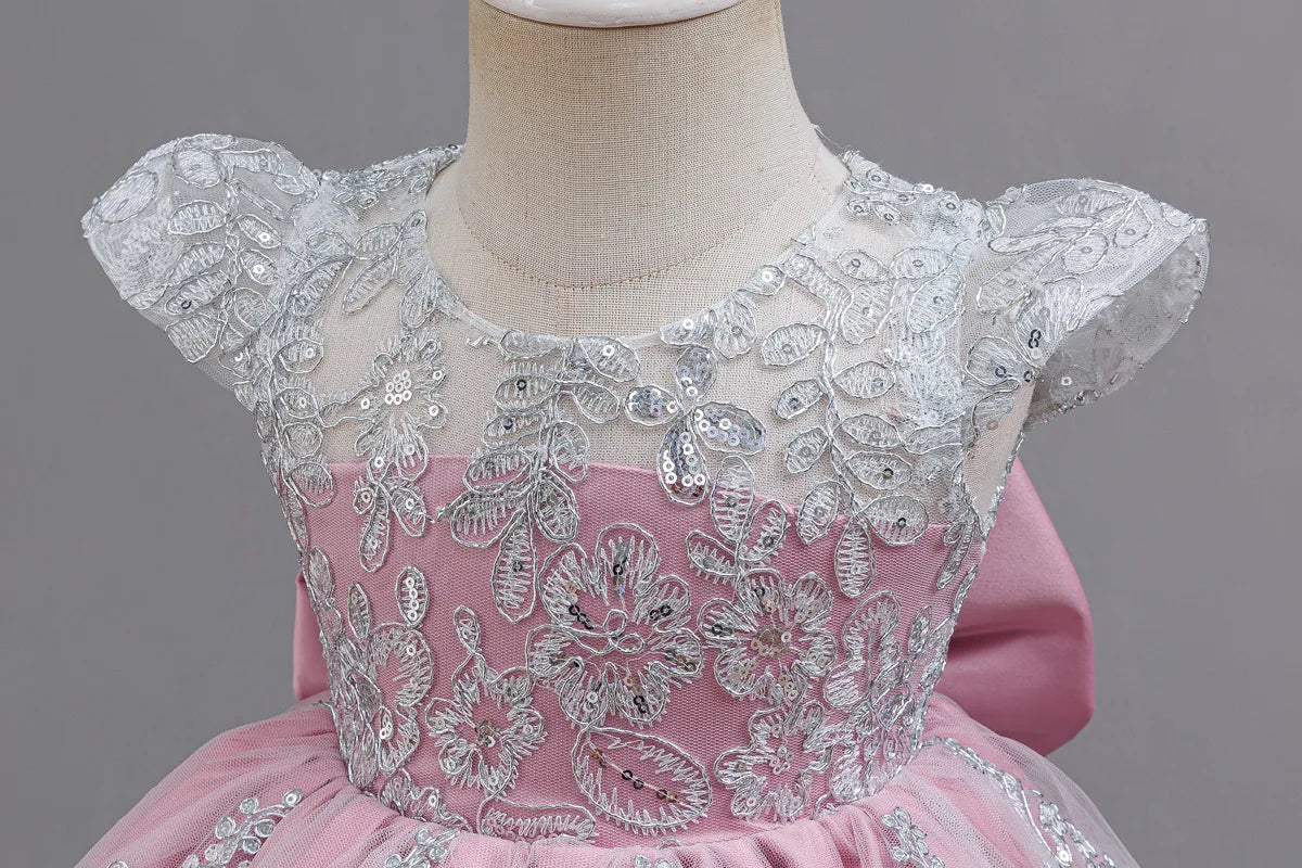 HETISO Children's Dress Princess Embroidery Lace Flower Girls Holiday Party Ball Gown Little Kids Summer Costume 1-6Y