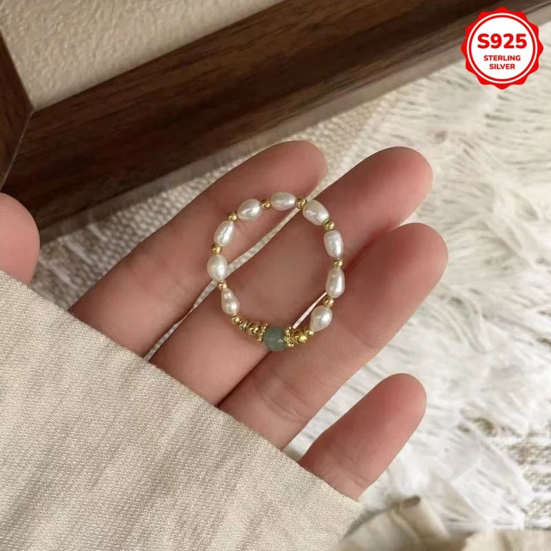Fashionable Luxury 925 Silver Natural Stone Freshwater Pearl Women's Elastic Ring Daily Style Imves Fine Jewelry