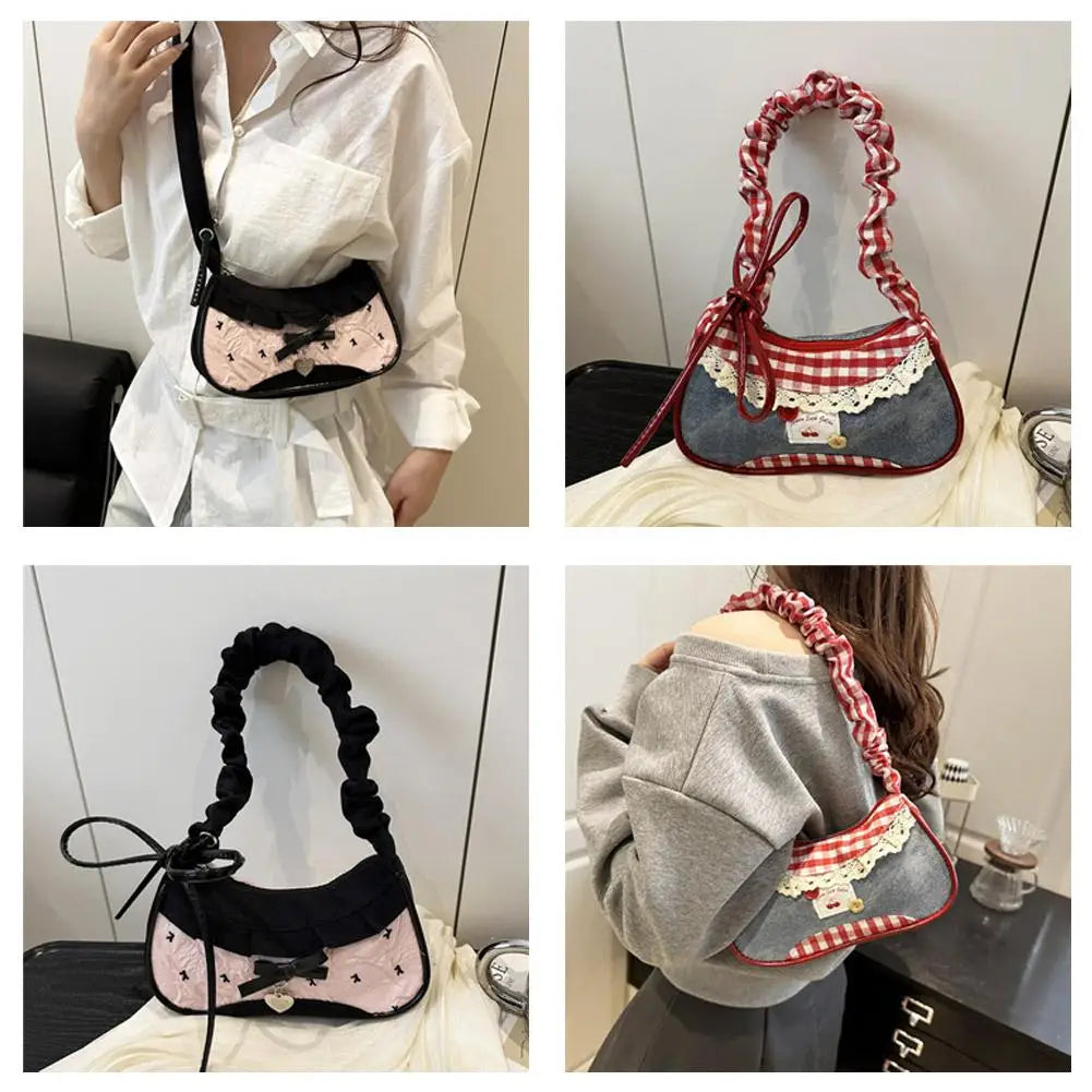 Fashion Grid Women Bag Lace Ribbon Stretchable Shoulder Strap Single Shoulder Underarm Bag Daily Commuting Student Handbag