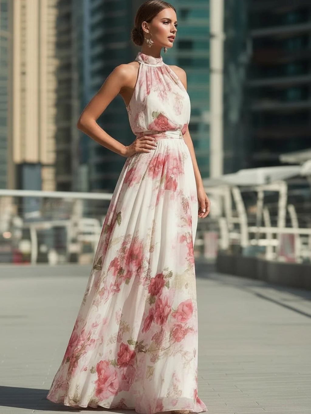 Women's Halter Neck Sleeveless Maxi Dress Floral Print High Waist Pleated Flowy Swing Hem Elegant Floor‑Length Ladies Dress