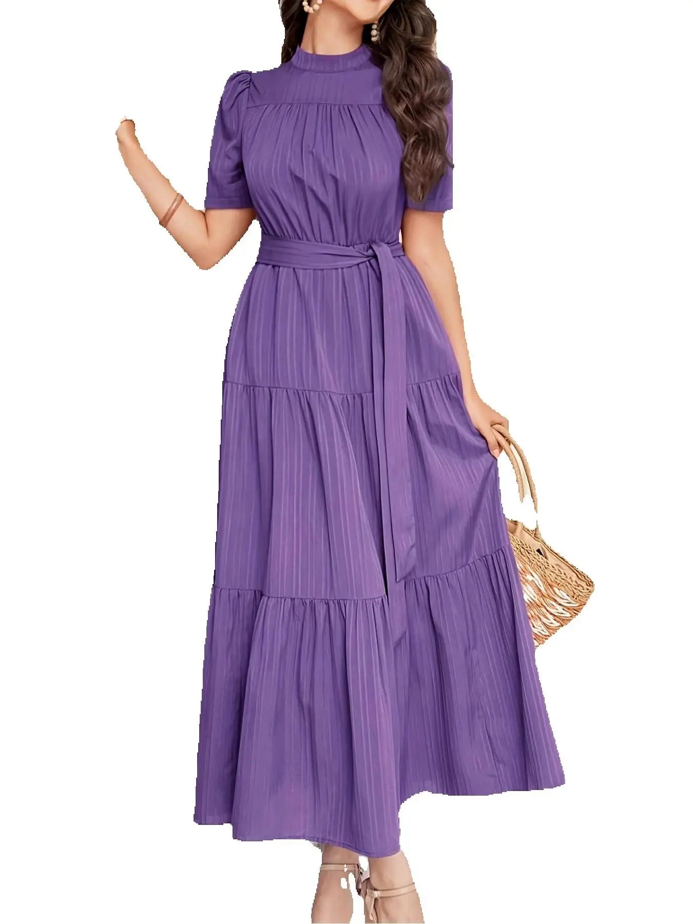 High Neck Dress, Bohemian Sweet Style, Self-Tie Waistband and Puff Sleeves, Perfect for Vacation, Dates, and Daily Wear