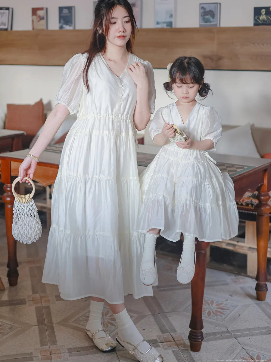 Family Matching Clothes Summer Dress Mother Daughter Solid Short Sleeve Dress Women Elegant Dress Girl Birthday Dress