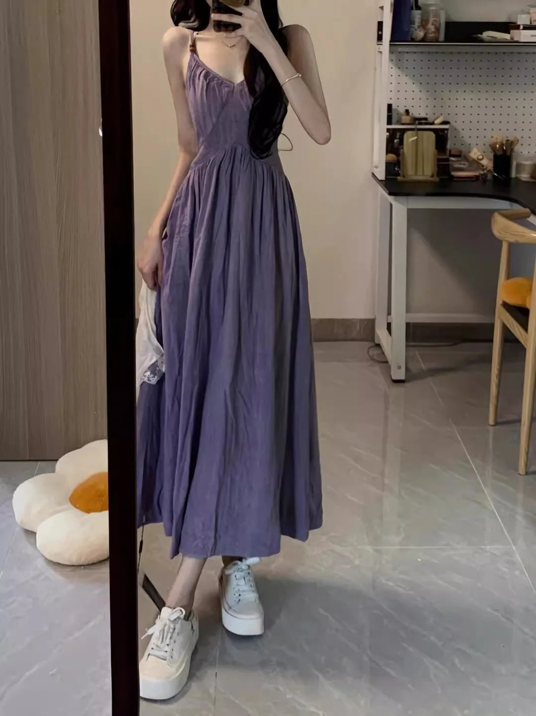 Dopamine Beautiful Purple Strap Dress Women Summer 520 Date Island Vacation Waist Cinch Beach Skirt A-Line Long Dress V-Neck ...