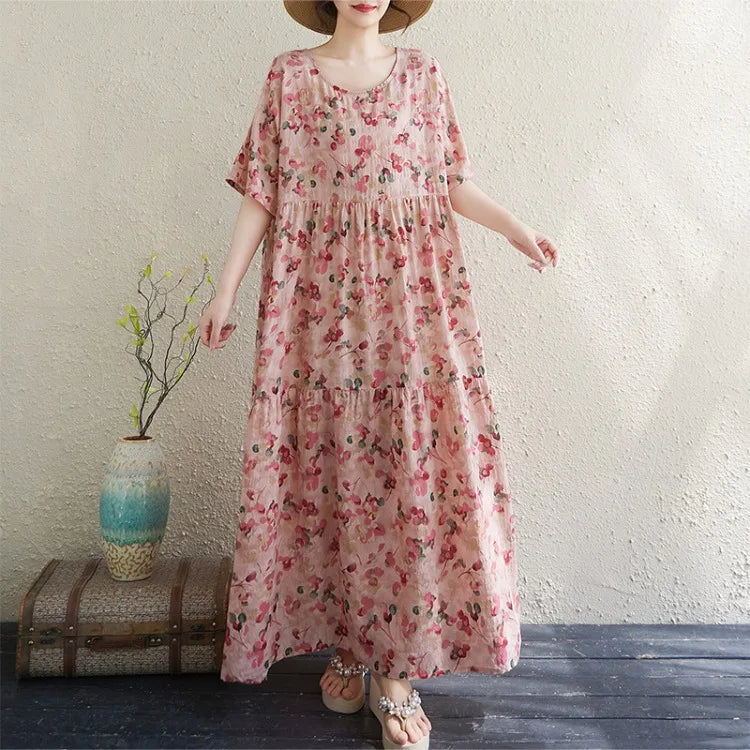 THHONE Vestido Feminino Summer Dresses for Women 2025 Bohemian Holiday Floral O Neck Short Sleeve Casual Print Women's Clothes