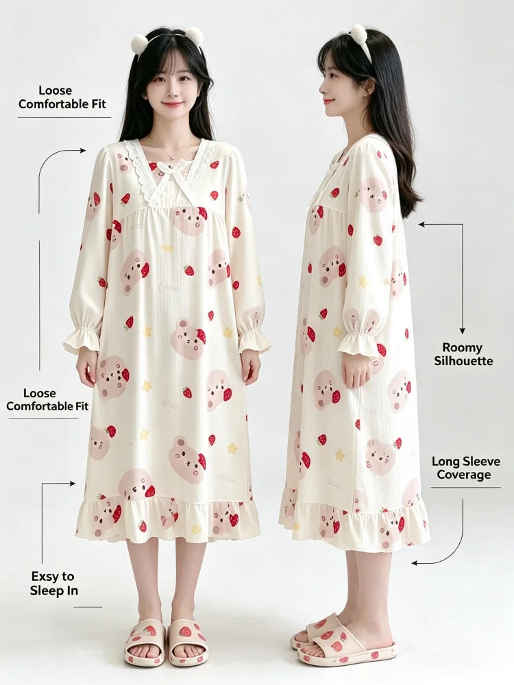 Kawaii Bear Strawberry Print Women Pajamas, Long Sleeve Lace Neck Loose Sleep Set, Casual Daily Home Loungewea