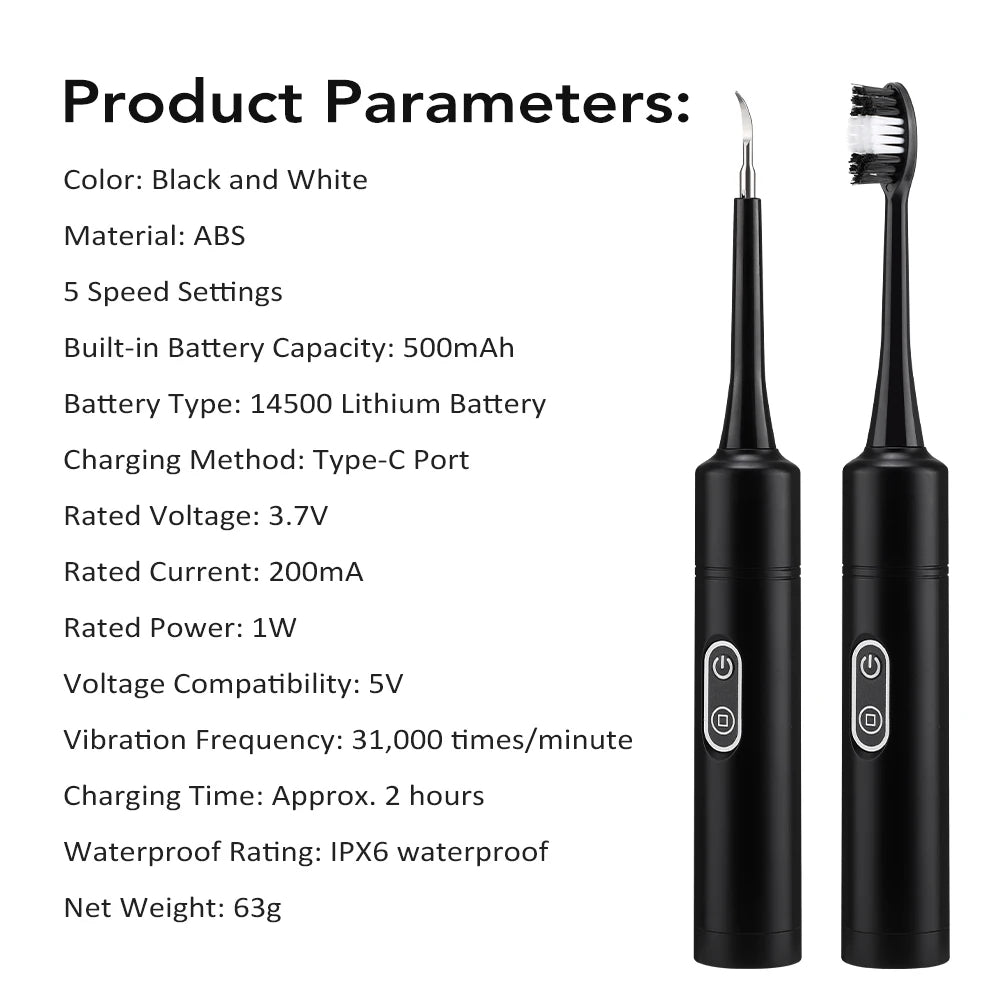 Electric Dental Scaler with Teeth Brush Head Calculus Tartar Remover Vibration Teeth Plaque Cleaner Oral Care Improve Odor