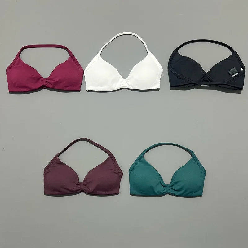 HISTELLO Sports Strappy Bra Df Solid Color Women Seamless Yoga Underwear Fitness Workout Halter Top Running Gym Sports Bra