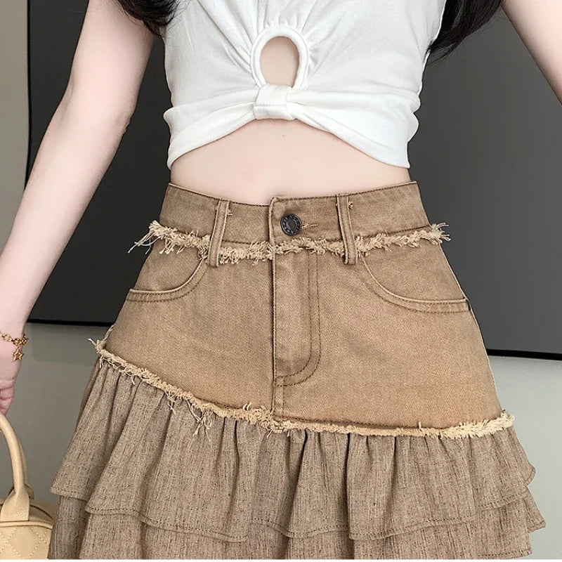 Fashion 2025 New Denim Patchwork Ruffle Denim Skirts Women Summer Retro High Waist Slim Skirts Woman