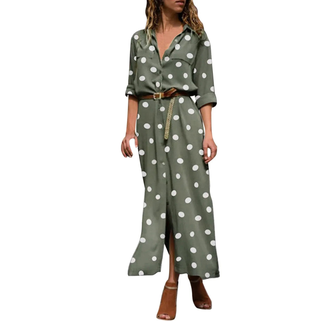 Summer Polka Dot Print Maxi Dress Women's Button Up Split Flowy Shirt Long Dresses Slim Long Sleeve Shirts Dresses With Belt