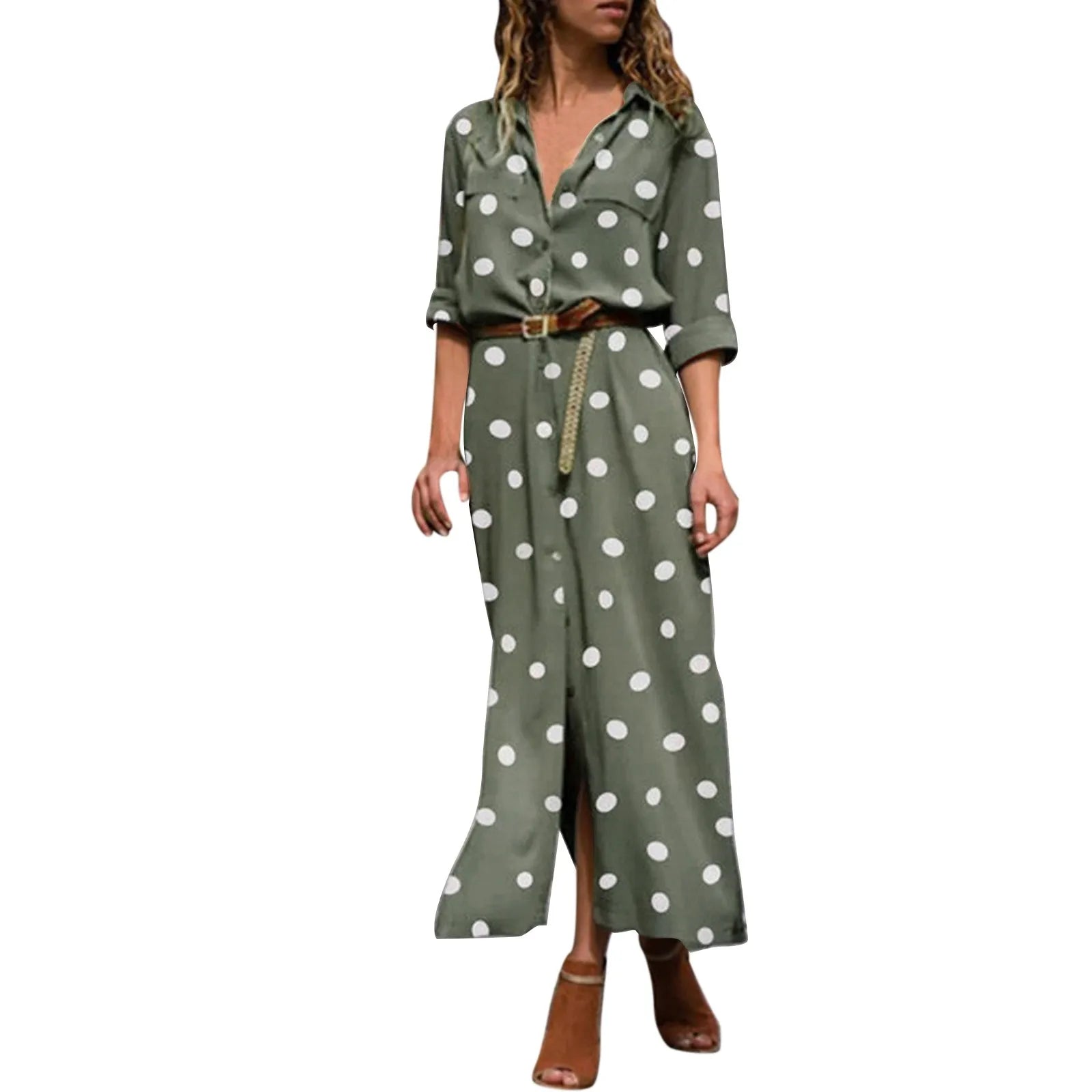 Summer Polka Dot Print Maxi Dress Women's Button Up Split Flowy Shirt Long Dresses Slim Long Sleeve Shirts Dresses With Belt