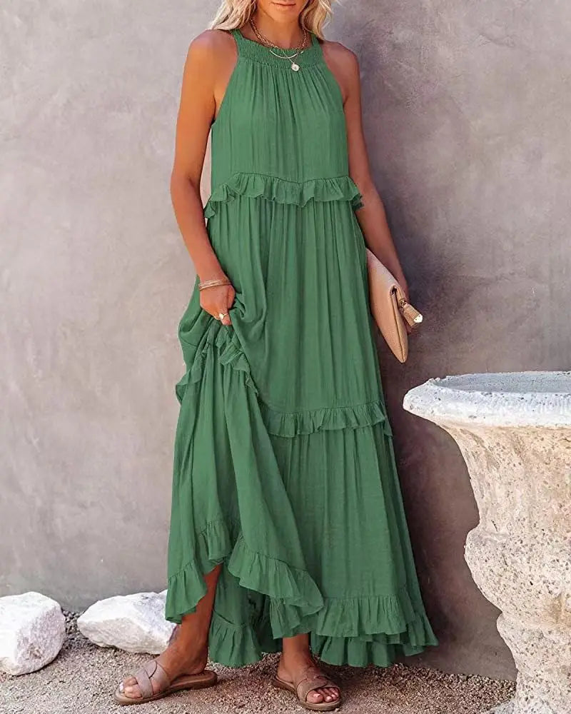 Women Halter Neck Maxi Dress Sleeveless Ruffle Tiered Loose Flowy Bohemian Beach Long Dress
