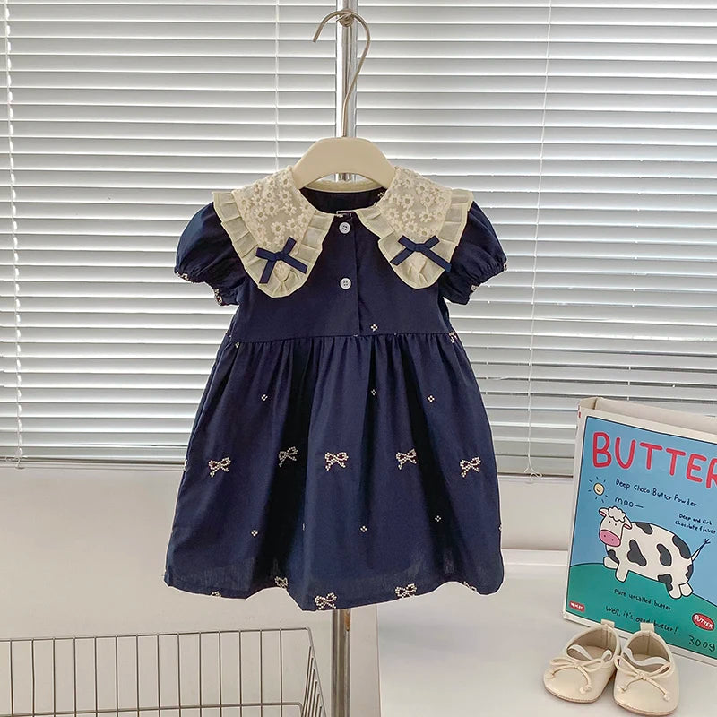 Girls Bow Princess Dress | Puff Sleeve Embroidery Party Dress