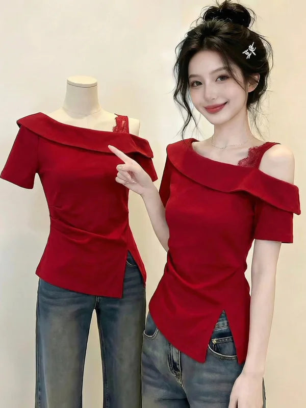 Red Asymmetrical Single Shoulder Short Sleeve T-Shirt Women's Summer New Style plus Size Fashionable Youthful Korean Version