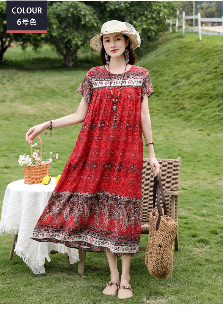 New Fashion Casual 2025 Summer Elegant Dresses For Women O-Neck Print Vintage Short Sleeve Dress Loose Women Clothing