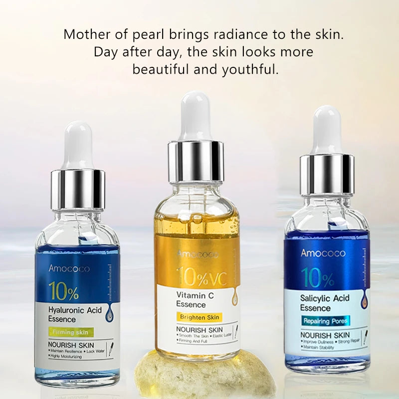 Amococo 2pcs Facial Serum 30ml 10% Salicylic Acid Essence Vitamin C Essence Hyaluronic Acid Face Serum Moisturizing Hydrating Skin Care Brightening Nourishing Essence for Daily Face Care