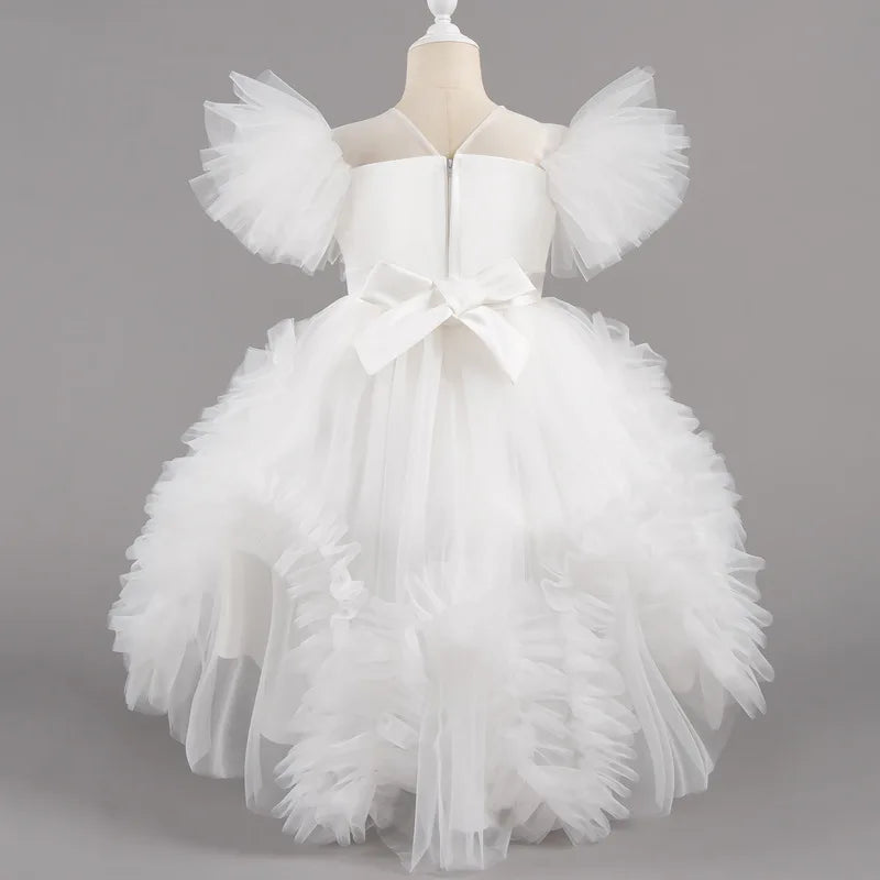 HETISO Girls Elegant Trailing White Dress Flower Appliques Kids Weddings Birthday Party Gown