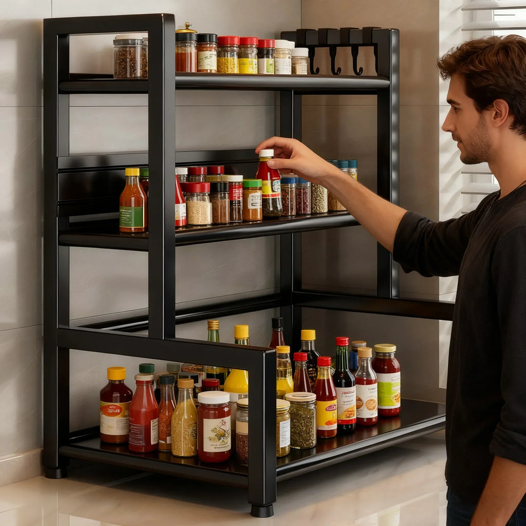 Estante metálico para especias de 2-3 niveles ajustable, organizador de almacenamiento de cocina multifuncional de pie con dispositivo de fijación, soporte para cuchillos