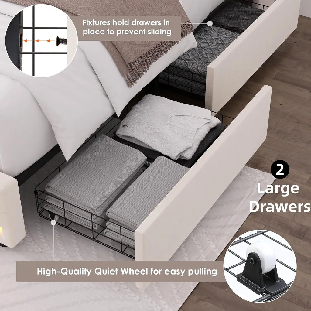 Upholstered Queen LED Bed Frame w/Storage & Charging Headboard, Beige | Modern Style Queen Size Platform Bed, Velvet Crystal