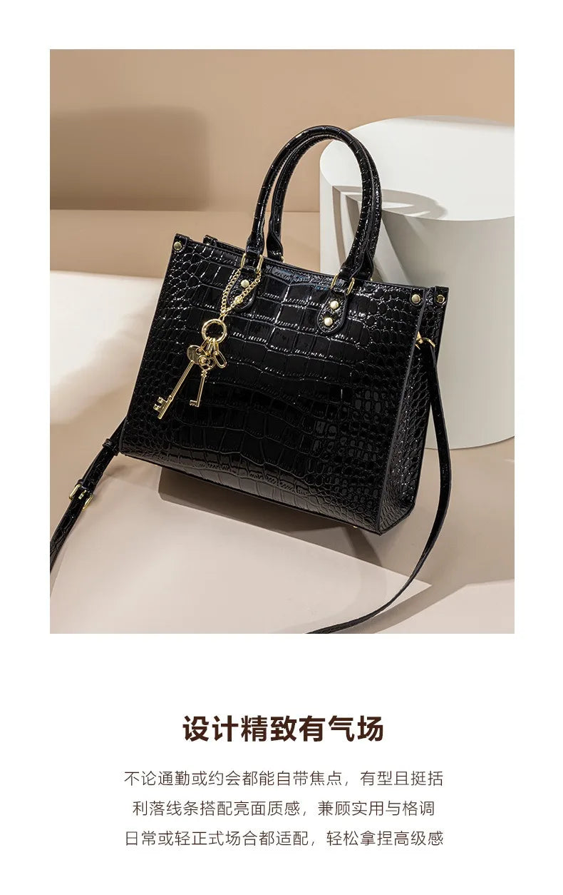 Shiny Crocodile Pattern Top-Handle Bag Women Glossy Patent Crossbody Shoulder Bag Elegant Tote Satchel with Key Pendant