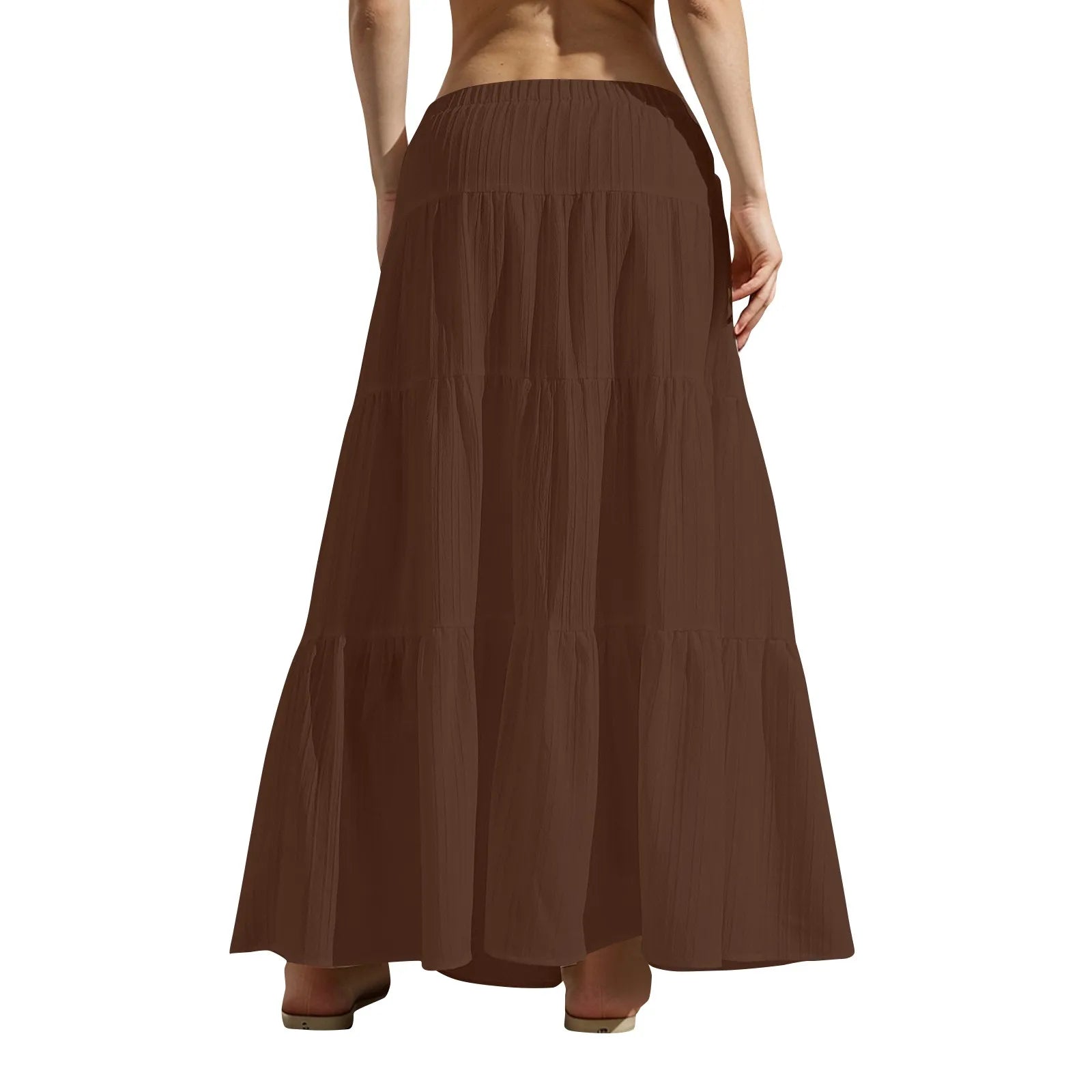 Women's Flared Ruffle Hem Maxi Skirt Fashion Women Solid Long Skirts Elastic Waist Elegant Long Skirt Spring Summer Cake Dress