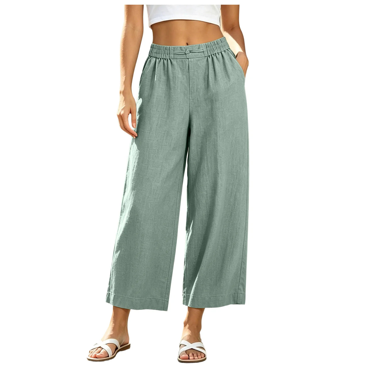 Women's Cotton Linen Blend Wide Leg Palazzo Pants with Pockets