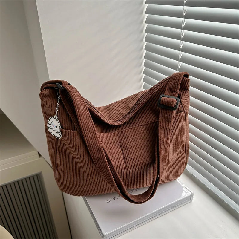 Women’s Corduroy Shoulder Bag, Casual Striped Large Capacity Tote with Zipper Closure, Cute Hat Patch, Perfect for Everyday Use