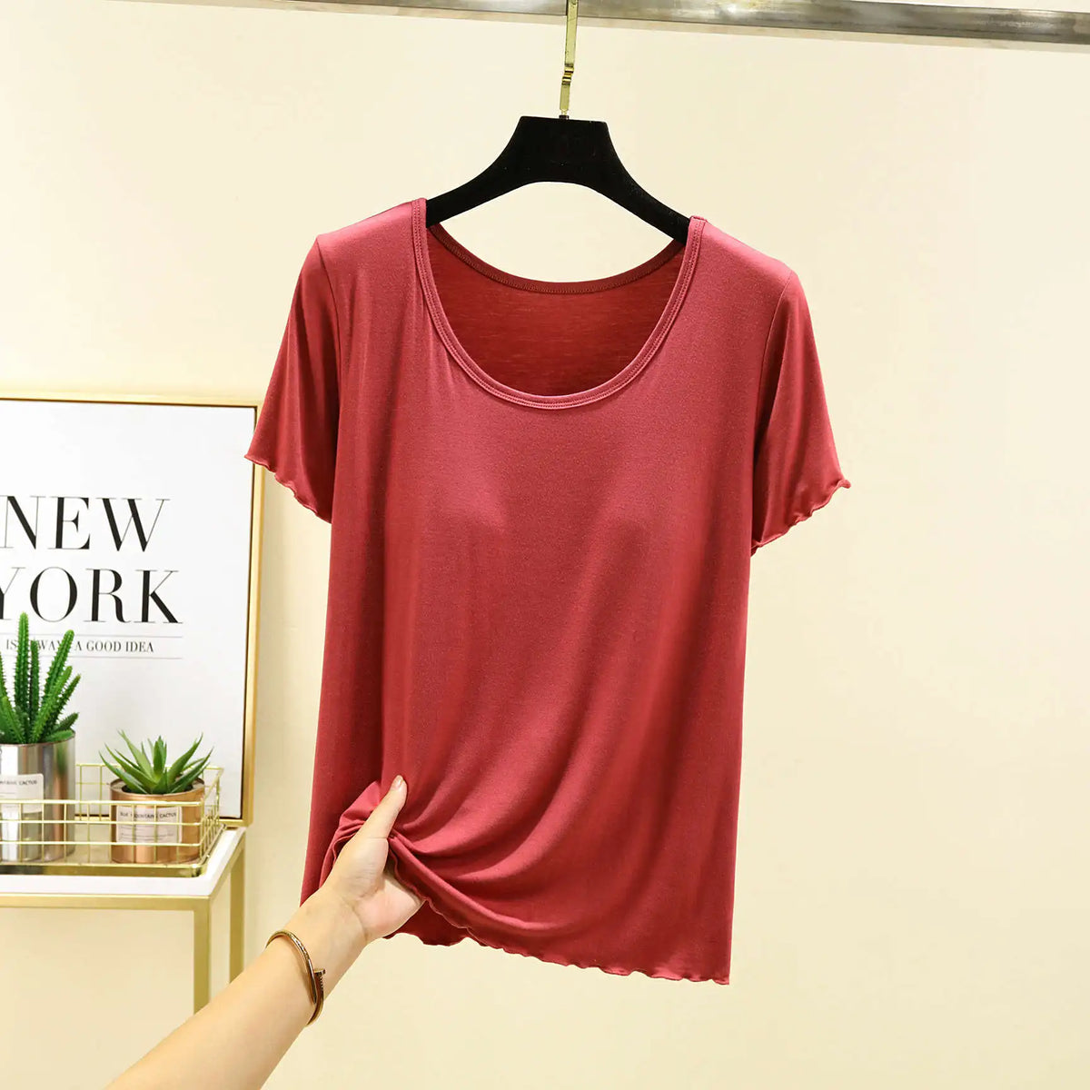 Modal No- Bra T-Shirt One-Piece Short Sleeve Women Summer Wear Casual Solid Color Base Layer Outdoor Wear round Neck T-Shirt