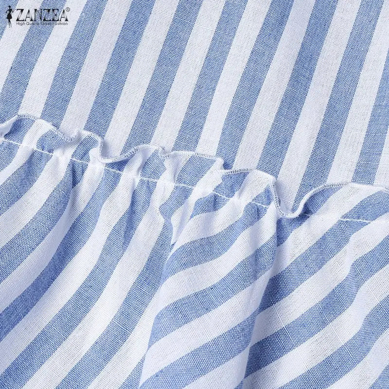 Summer Casual Short Sleeve Striped Midi Dress Women Turn-Down Collar Ruffled Hem Dresses ZANZEA Everyday Wear A-Line Vestidos